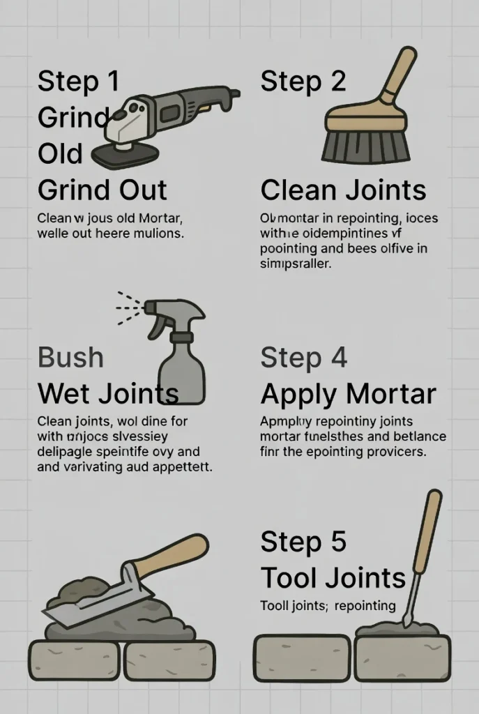 Masonry repointing steps from grinding to finishing.