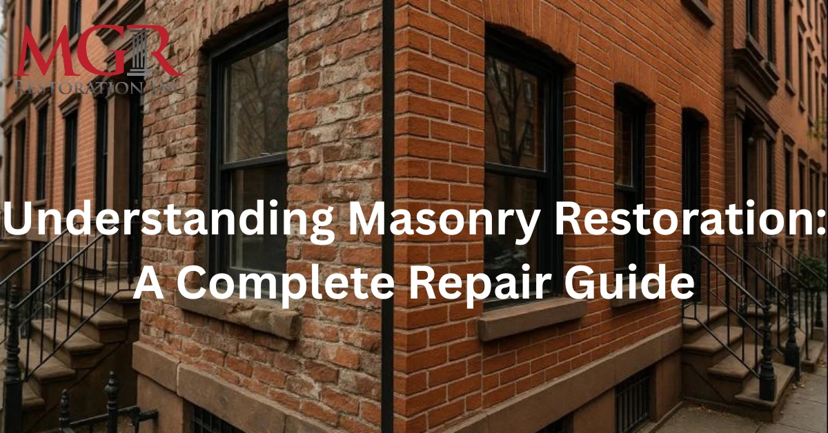 Before and after masonry restoration on a brick building facade in New York