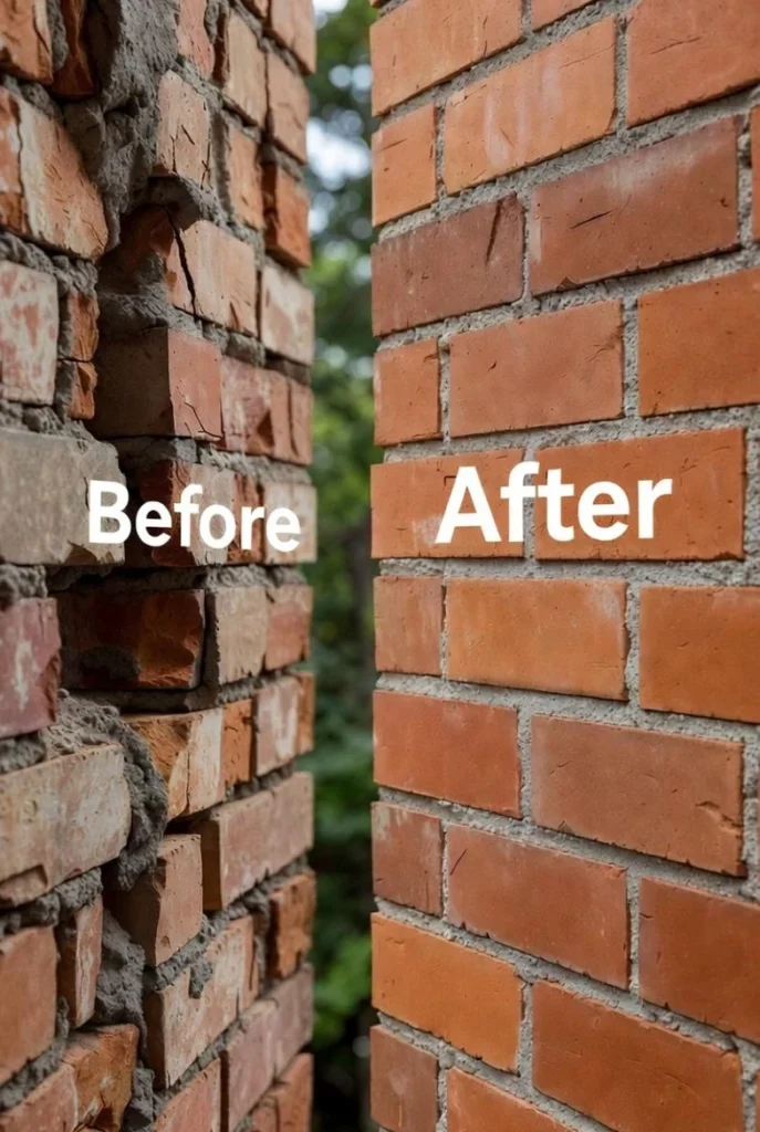 Before and after masonry repair showing cracked mortar and restored joints