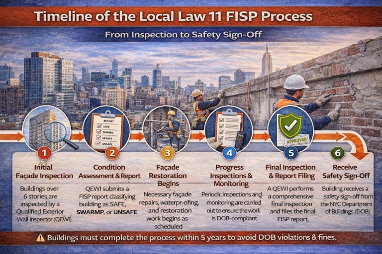 Timeline of the Local Law 11 FISP process from inspection to safety sign-off.