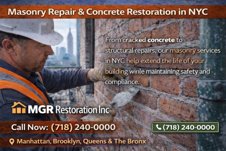Close-up of masonry restoration and brick pointing on an NYC facade