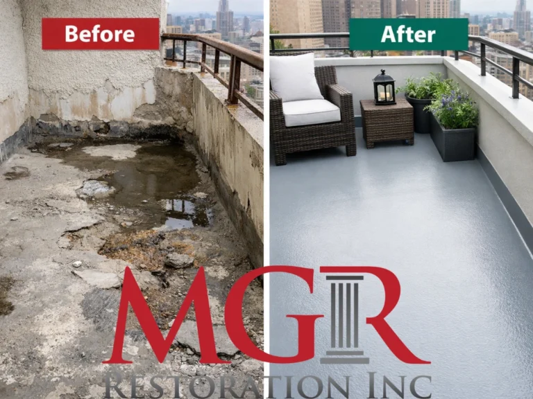 Damaged vs. properly waterproofed balcony (before/after)