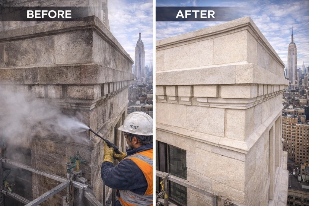 A close-up photo showing salt deposits (efflorescence) on a brick wall