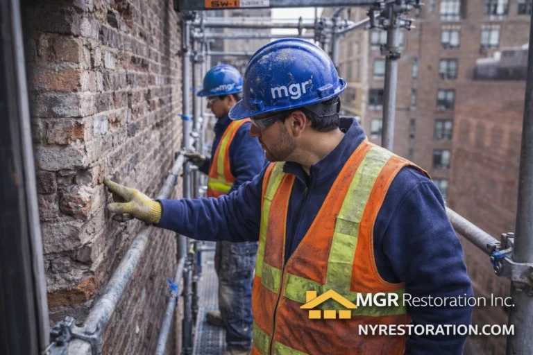 MGR Restoration technician performing Local Law 11 facade inspection in New York City