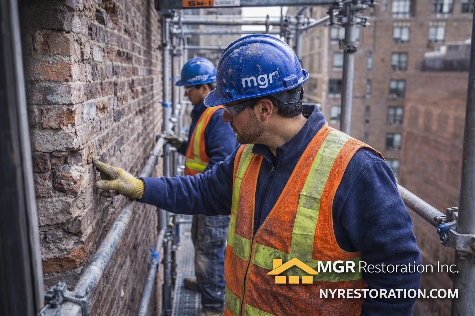 MGR Restoration technician performing Local Law 11 facade inspection in New York City