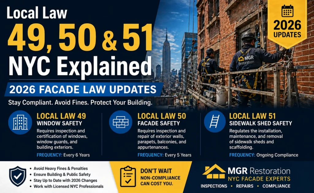 NYC Local Laws 49, 50 and 51 explained 2026 facade law updates by MGR Restoration